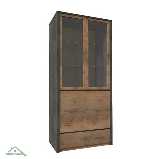 Vitrines szekrény, tölgy lefkas sötét/smooth szürke, MONTANA W2D